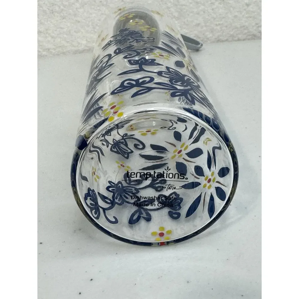 Temptations By Tara 20oz Travel Glass Bottle Blue & Yellow Floral Pattern Strap